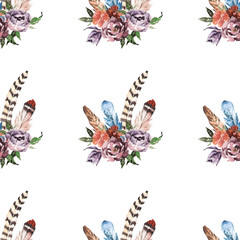 Boho watercolor seamless pattern with bouquet with feathers, flowers