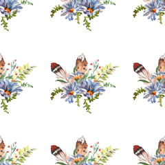 Obraz na płótnie Canvas Boho watercolor seamless pattern with bouquet with feathers, flowers