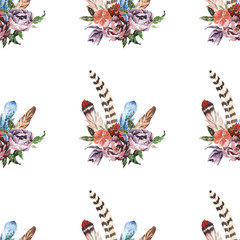 Fototapeta na wymiar Boho watercolor seamless pattern with bouquet with feathers, flowers