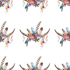 Boho watercolor seamless pattern with bouquet with feathers, flowers