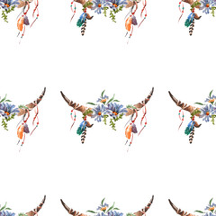 Boho watercolor seamless pattern with bouquet with feathers, flowers