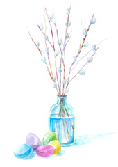 Willow in a glass and Easter eggs. Spring image. Watercolor hand drawn illustration.