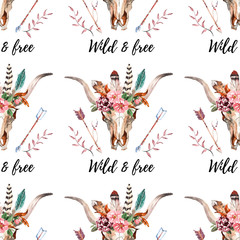 Watercolor boho skull Boho watercolor seamless pattern with feathers, flowers