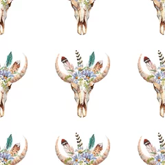Muurstickers Aquarel boho schedel Boho aquarel naadloos patroon met veren, bloemen © rudut2015