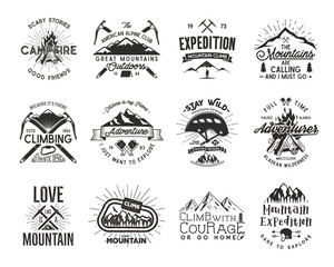 Vintage mountaineering badges. Climbing logo, vintage vector emblems. Climb alpinism gear - helmet, carabiner, campfire. Retro t shirt design. Old style illustration. Letterpress effect. Full set
