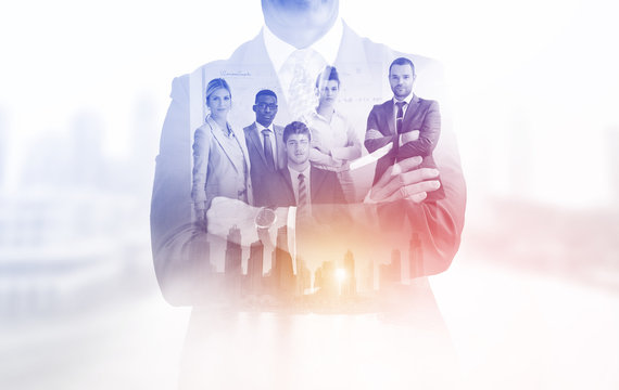 Double Exposure Of Young Ambitious Business Group