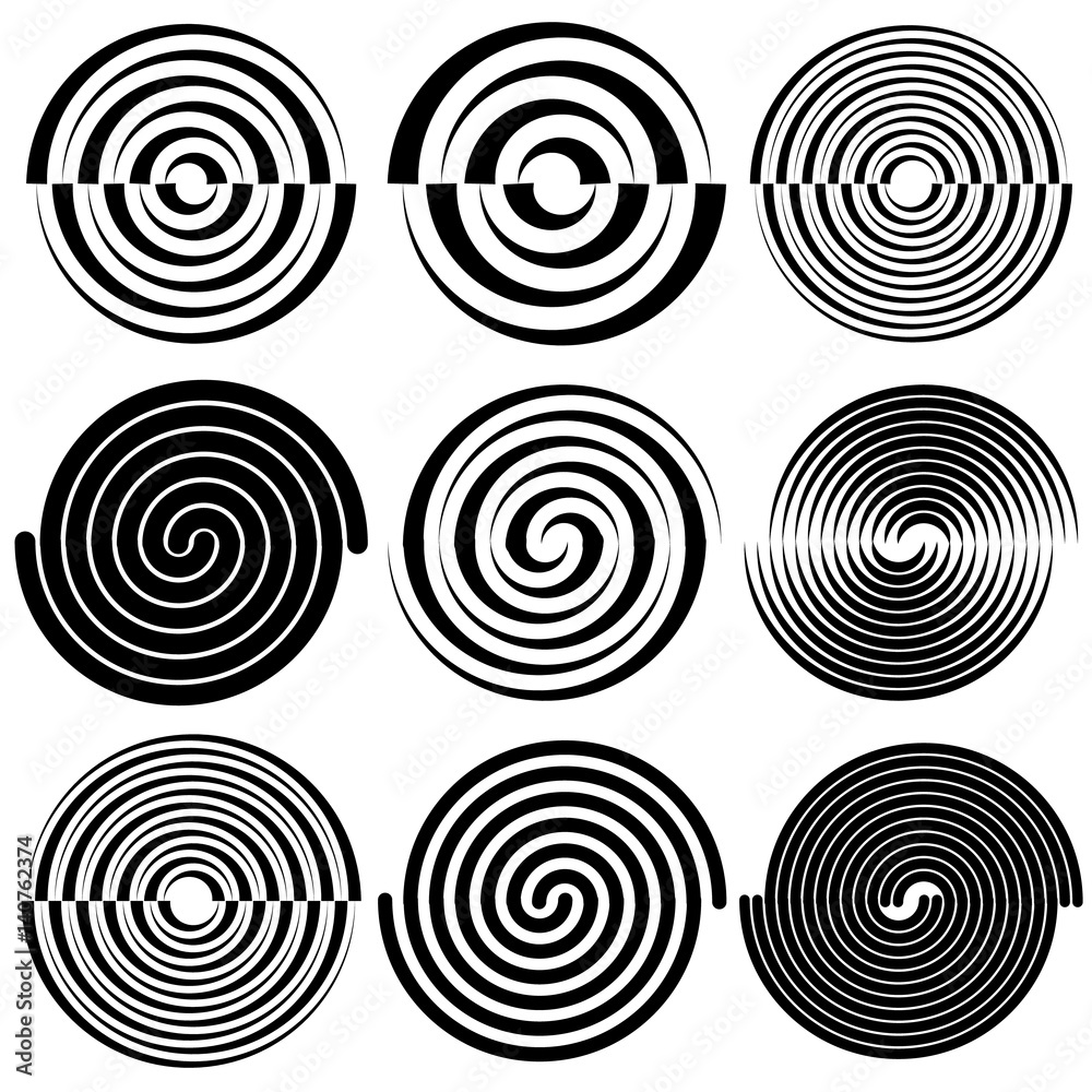 Poster circular concentric circles, rings. spiral, vortex, swirl design element set.