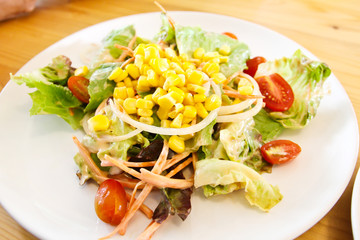 Close up of a mixed vegetable salad on white plate