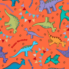 Kids background for a birthday with dinosaurs, flags and inscriptions Happy Birthday
