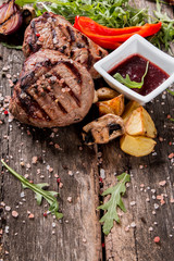 Beef steak on woode table, Fresh grilled steak with vegetable