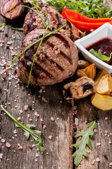 Beef steak on woode table, Fresh grilled steak with vegetable
