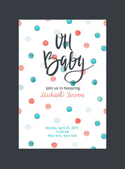 Baby shower invitation, vector template. Bright card with watercolor dots and hand drawn text on white background.