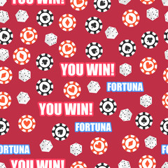 You win. Casino seamless pattern with game blocks, chips and neon inscriptions on a claret background. 