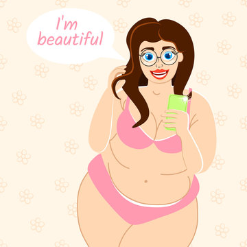 Sexy young girl doing selfie. Fat woman in underwear. I am beautifull. Cartoon vector illustration. 