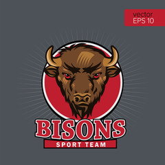 Bison Head Logo Mascot Emblem. Talisman College Sports Teams, Bull School Logo, Print T-Shirt. Vector Illustration. Buffalo Logo For Any Sport Team.