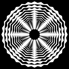 Promieniujący / promieniowy abstrakcyjny okrągły element geometryczny. Streszczenie czarno-biały kształt - 140767188