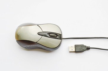 gray computer mouse and cable plug in on white background