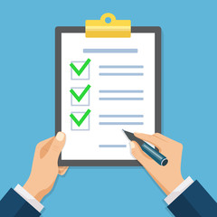 Hand filling checklist on clipboard. Form illustration with man signing a paper work document.