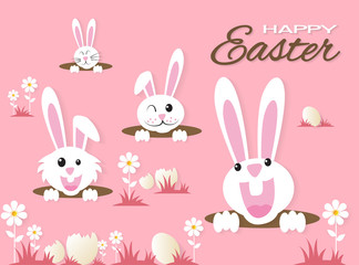 Obraz na płótnie Canvas Very Happy Easter,rabbit and flowers,paper art