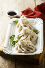 Traditional Georgian khinkali or dumplings, stuffed with meat