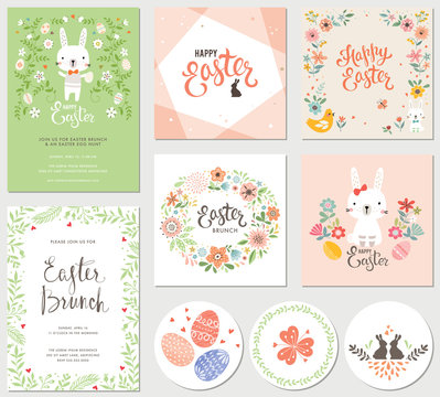Vector Happy Easter templates with eggs, flowers, floral frames and wreaths, rabbit and typographic design. Good for spring and Easter greeting cards and invitations.