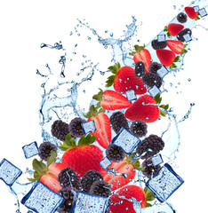 Fototapeta na wymiar Water splash with strawberry and blackberry isolated on white background. Abstract object with fresh fruits.