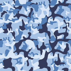 Military blue classical camouflage seamless texture. Background Made of splash. Camo Pattern for Army Clothing. Hunting camo 