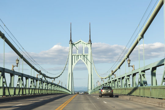Driving on St. John's Bridge in Portland