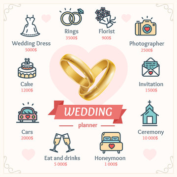 Wedding Planner Concept with Shiny Gold Rings. Vector