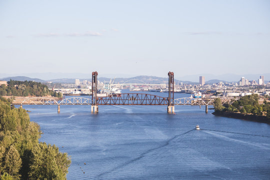 Railroad bridge on the Willamette River in Portland, Oregon, USA.