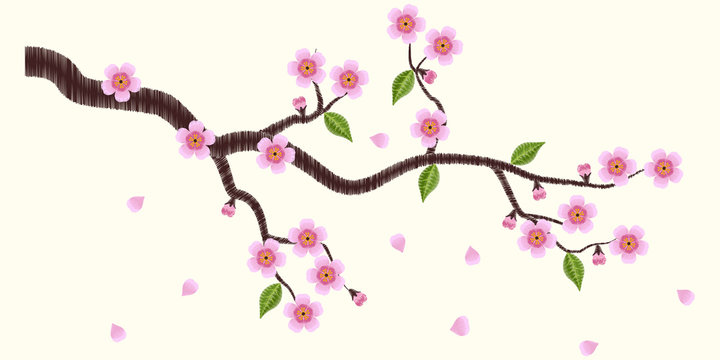 Vector illustrations blooming sakura branch embroidery.