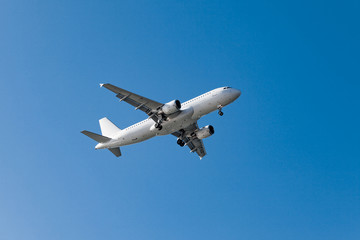 white airplane on a blue background. airplane in the sky