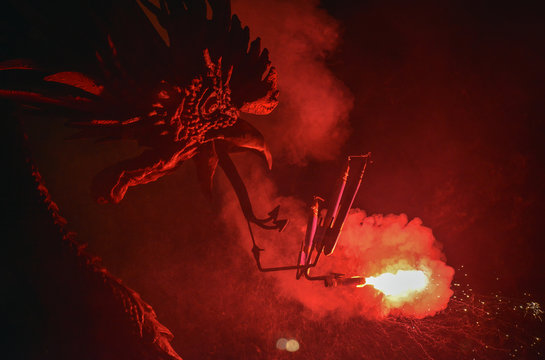 Barcelona: Correfoc, typical catalan celebration in which dragons and devils armed with fireworks dance through the streets.