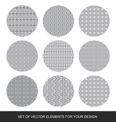 Vector abstract geometric grunge set. Collection of icons with circles, hearts, squares. Memphis modernist background