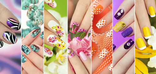 Collection of trendy colorful various manicure with design on nails with glitter,rhinestones,real flowers,stickers,turquoise and yellow French manicure. - obrazy, fototapety, plakaty