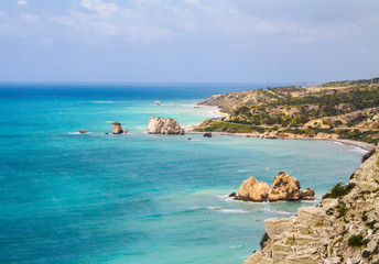 Cyprus, Petra-tou-Romiou, legendary Aphrodite's birthplase. Sea view. Cloudy spring day.