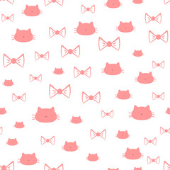 Repeated silhouettes of a cat's head and bows. Seamless pattern.
