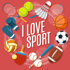 Set of colorful sport balls and gaming items at a red background. Balls for rugby, volleyball, basketball, football, baseball, tennis and badminton shuttlecock. Healthy lifestyle tools, elements