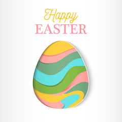 Happy Easter greeting card in paper cut style. Chicken Abstract geometric ornamented easter egg.
