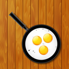 Fried eggs in pan on the wooden table, vector illustration