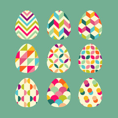 Easter greeting card. Geometric painted egg. Set of easter eggs icons.
