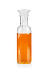 Bottle with filter funnel and color water  on white background
