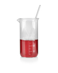 Beaker with color water and glass pipette on white background