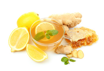 Natural ingredients for cough remedy on white background