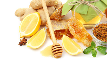 Natural ingredients for cough remedy on white background