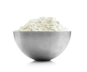 Bowl with flour on white background