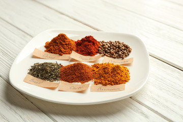 Plate with mix of different spices on wooden table