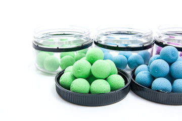 Fishing baits for carp. Fishing boilies for big carp fishing on white background..