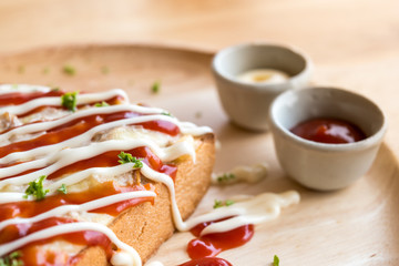 closeup fresh homemade tuna toast slice baked bread with tomato pizza sauce