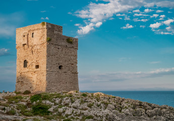 Coastal watchtower in Marina Serra, Tricase, Lecce, Apulia, Italy.